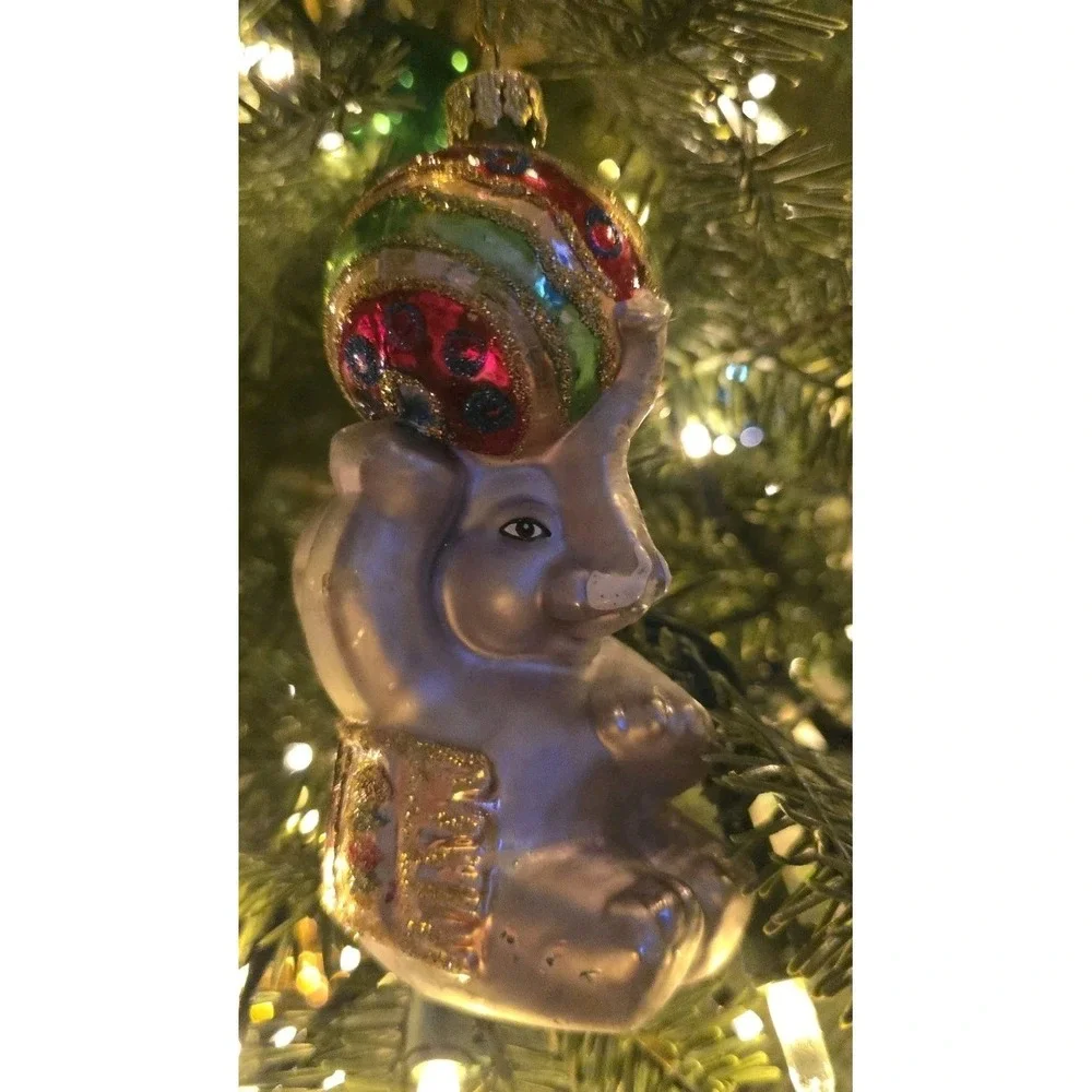 VTG Lot Of‎ 2 Christmas Glass Ornament Elephant Circus Style Ball Hat